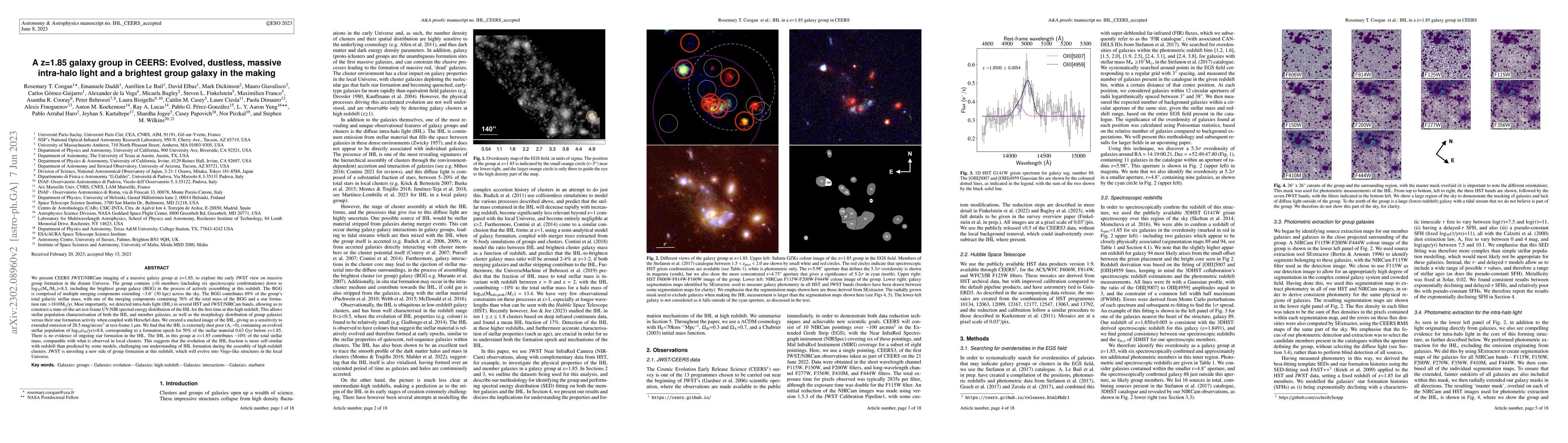 Thumbnail for A z=1.85 galaxy group in CEERS: evolved, dustless, massive intra-halo
  light and a brightest group galaxy in the making