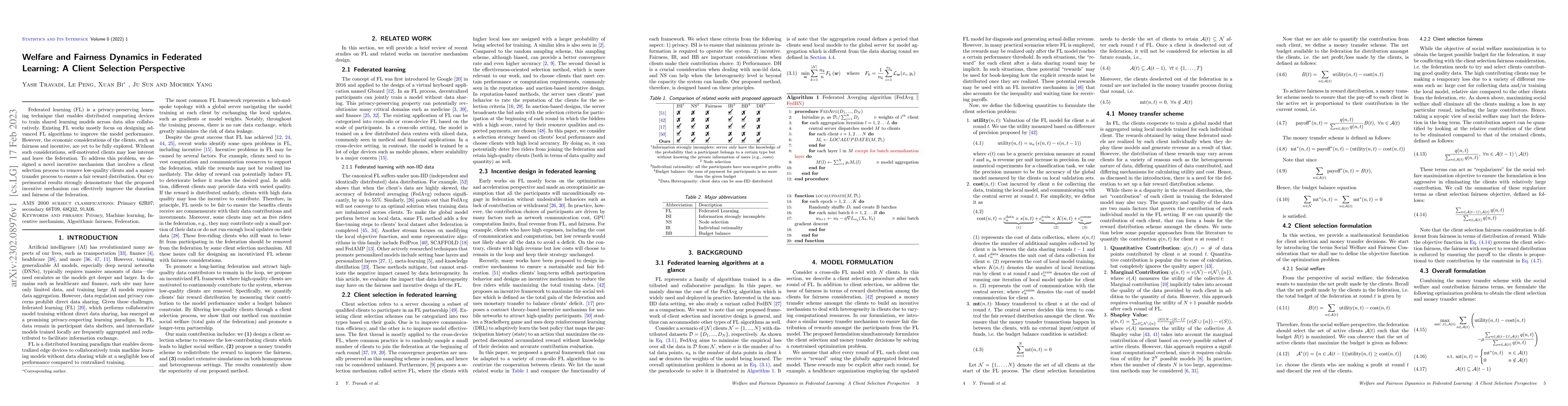 Thumbnail for Welfare and Fairness Dynamics in Federated Learning: A Client Selection
  Perspective