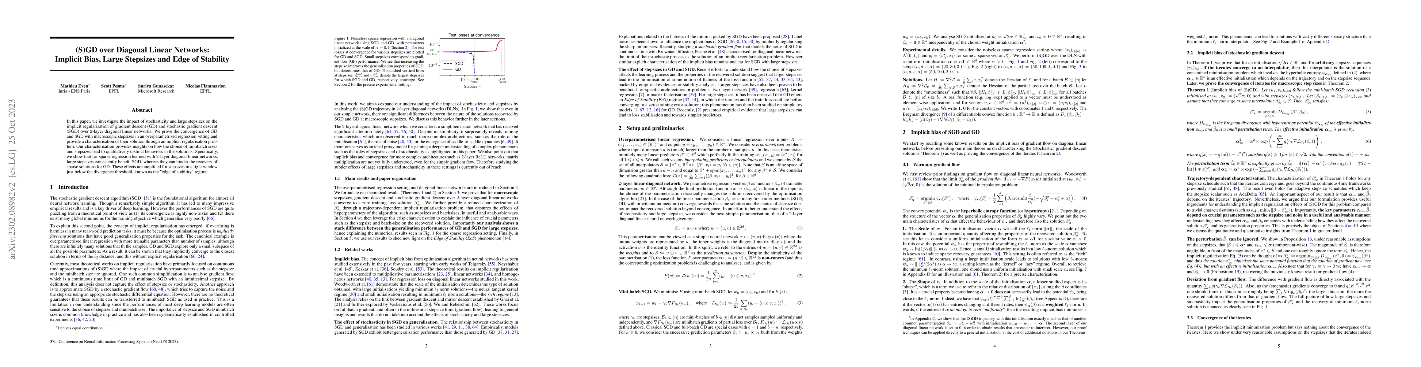 Thumbnail for (S)GD over Diagonal Linear Networks: Implicit Regularisation, Large
  Stepsizes and Edge of Stability