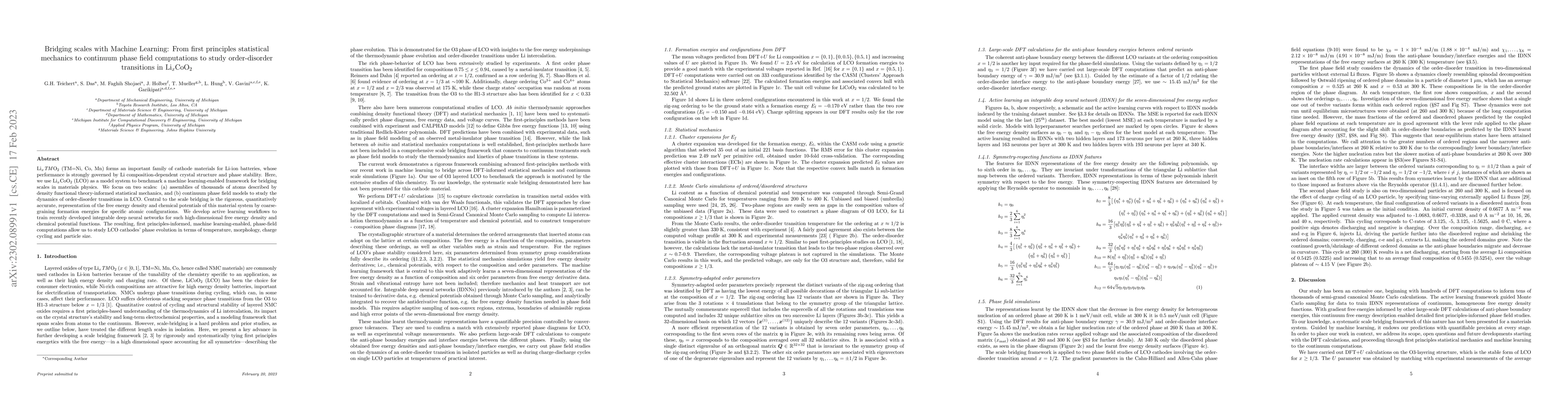 Thumbnail for Bridging scales with Machine Learning: From first principles statistical
  mechanics to continuum phase field computations to study order disorder
  transitions in LixCoO2