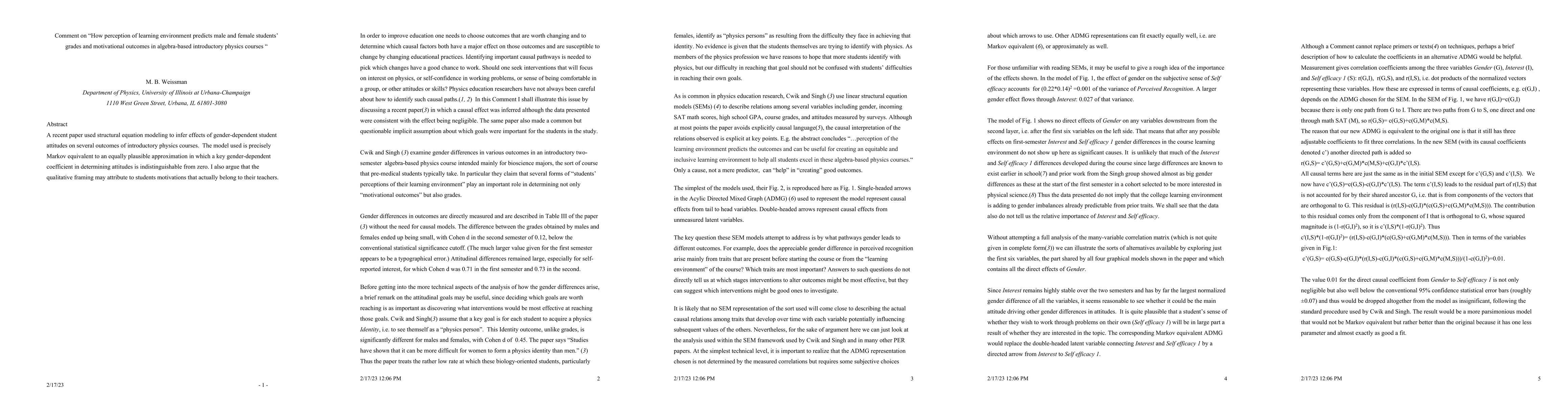 Thumbnail for Comment on "How perception of learning environment predicts male and
  female students' grades and motivational outcomes in algebra-based
  introductory physics courses"
