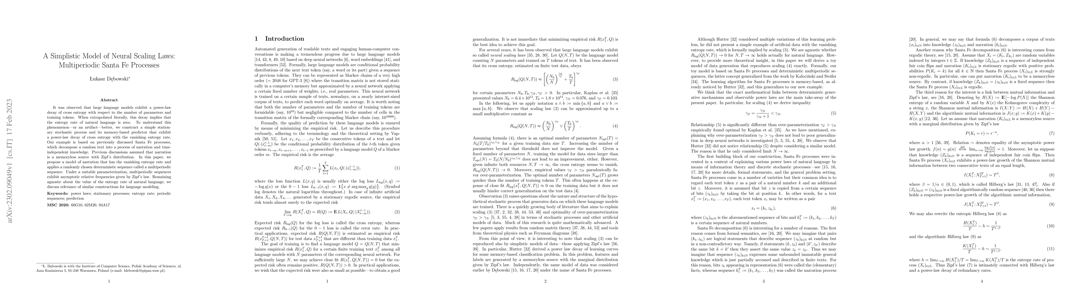 Thumbnail for A Simplistic Model of Neural Scaling Laws: Multiperiodic Santa Fe
  Processes