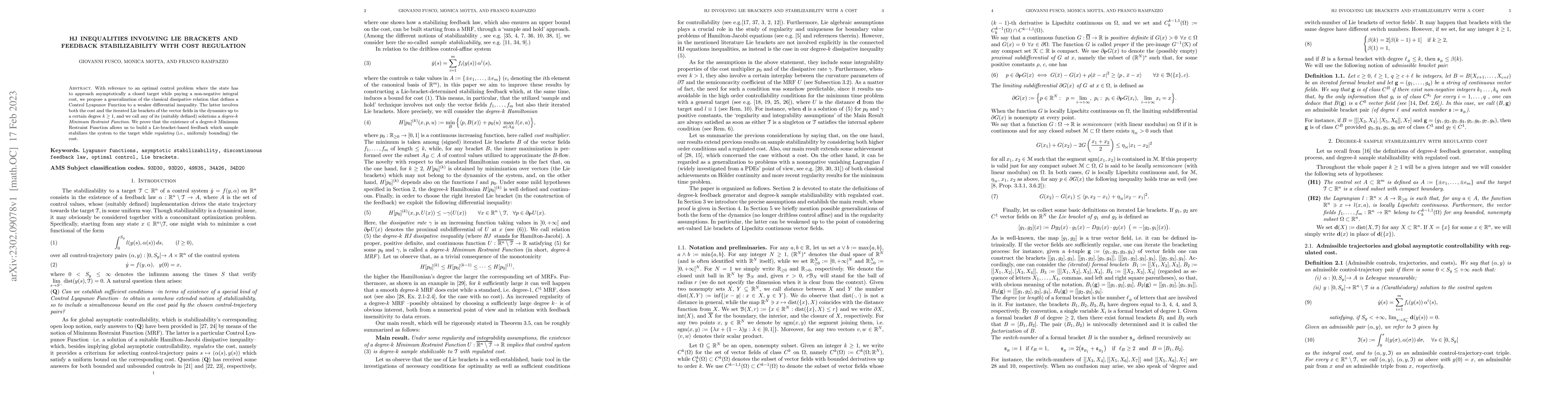 Thumbnail for HJ inequalities involving Lie brackets and feedback stabilizability with
  cost regulation
