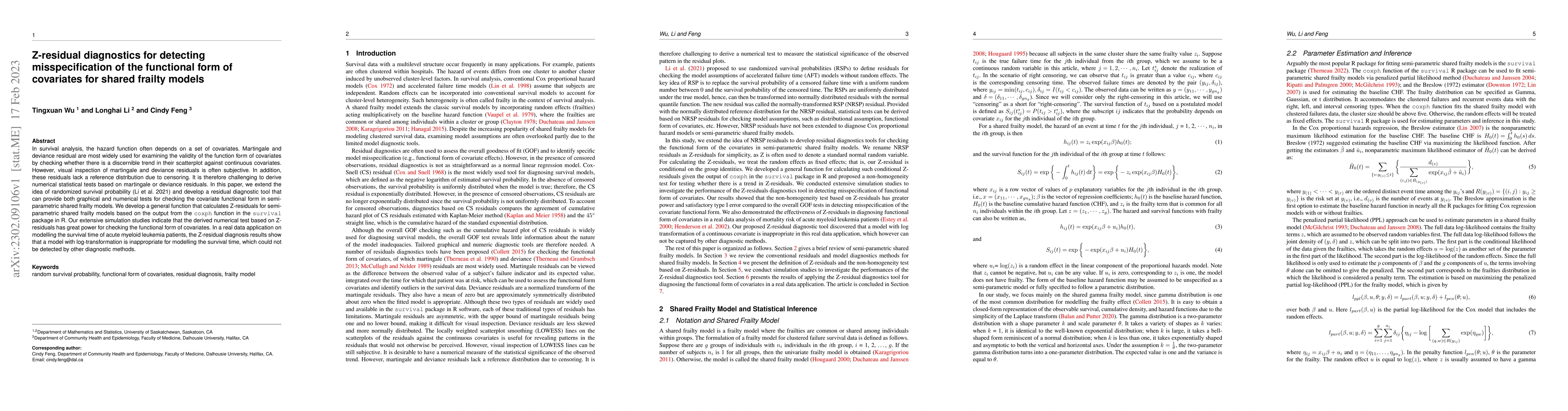 Thumbnail for Z-residual diagnostics for detecting misspecification of the functional
  form of covariates for shared frailty models