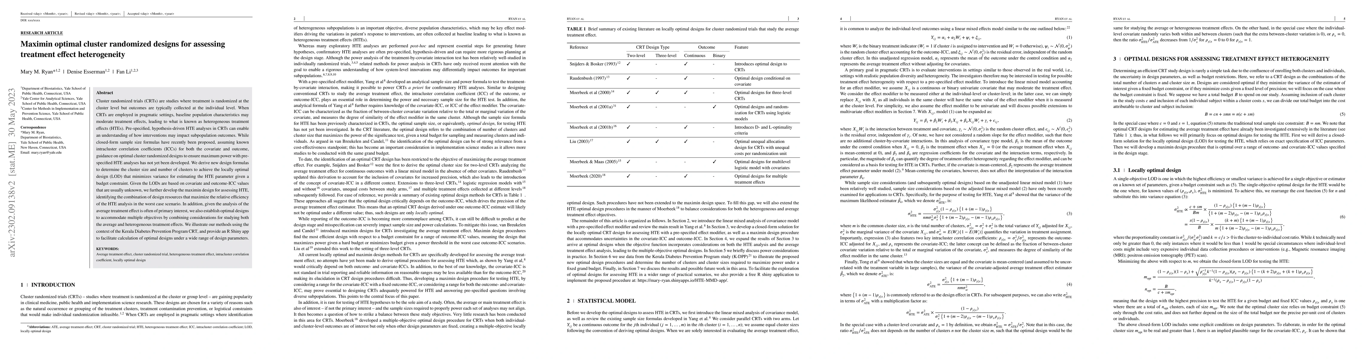 Thumbnail for Maximin optimal cluster randomized designs for assessing treatment
  effect heterogeneity