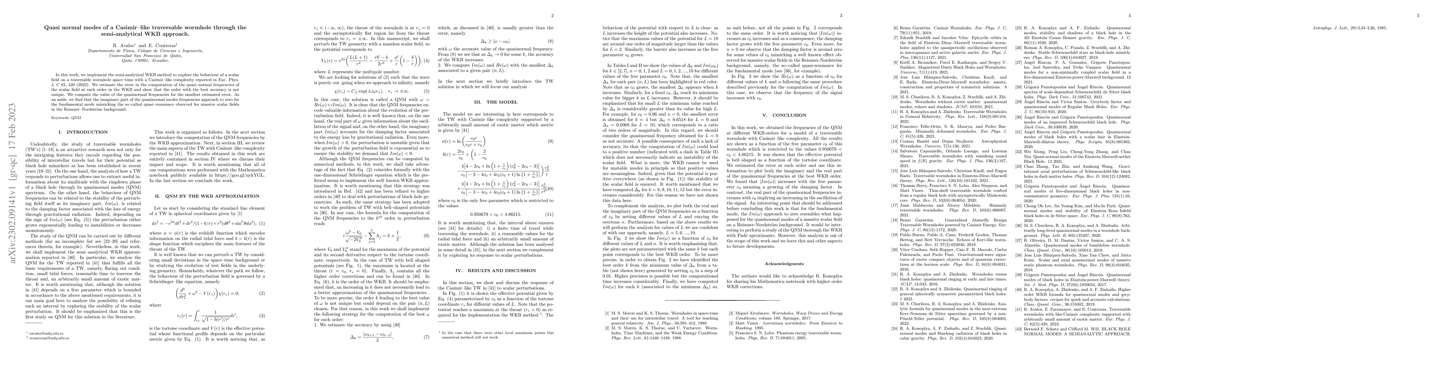 Thumbnail for Quasi normal modes of a Casimir--like traversable wormhole through the
  semi-analytical WKB approach