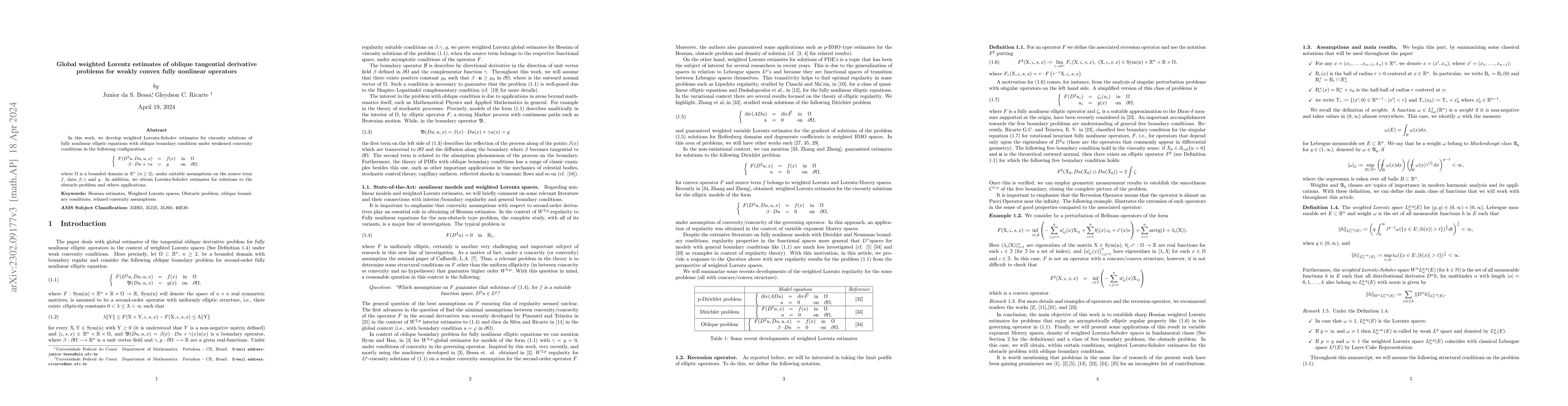 Thumbnail for Global weighted Lorentz estimates of oblique tangential derivative
  problems for weakly convex fully nonlinear operators