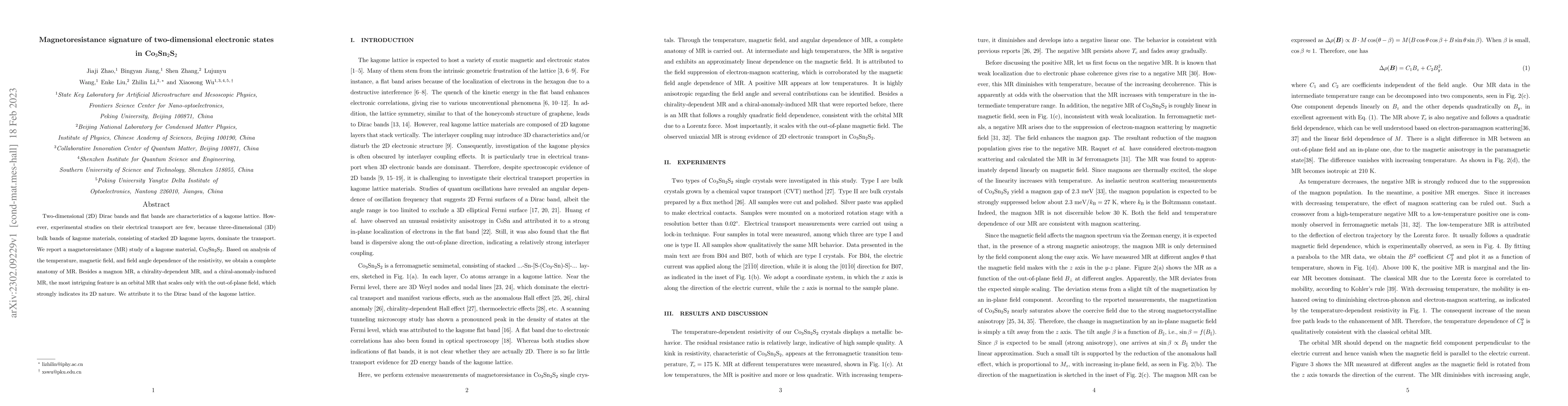 Thumbnail for Magnetoresistance signature of two-dimensional electronic states in
  Co$_3$Sn$_2$S$_2$