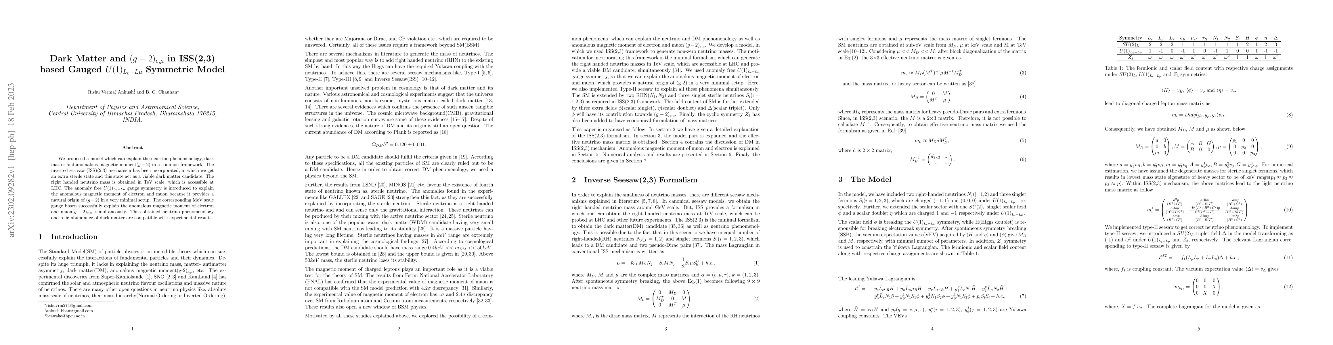 Thumbnail for Dark Matter and $(g-2)_{e,\mu}$ in ISS(2,3) based Gauged
  $U(1)_{L_{e}-L{\mu}}$ Symmetric Model