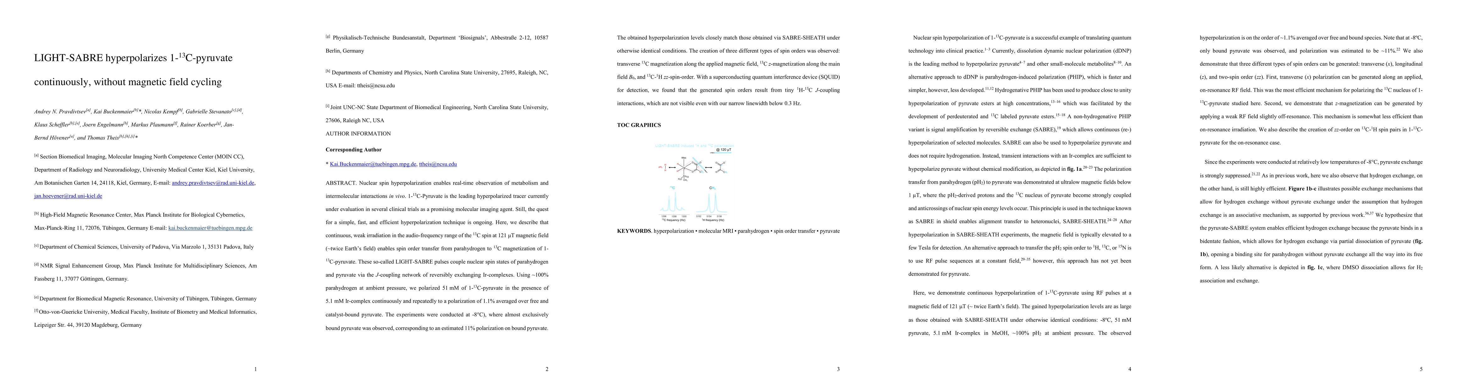 Thumbnail for LIGHT-SABRE hyperpolarizes 1-^{13}C-pyruvate continuously, without
  magnetic field cycling