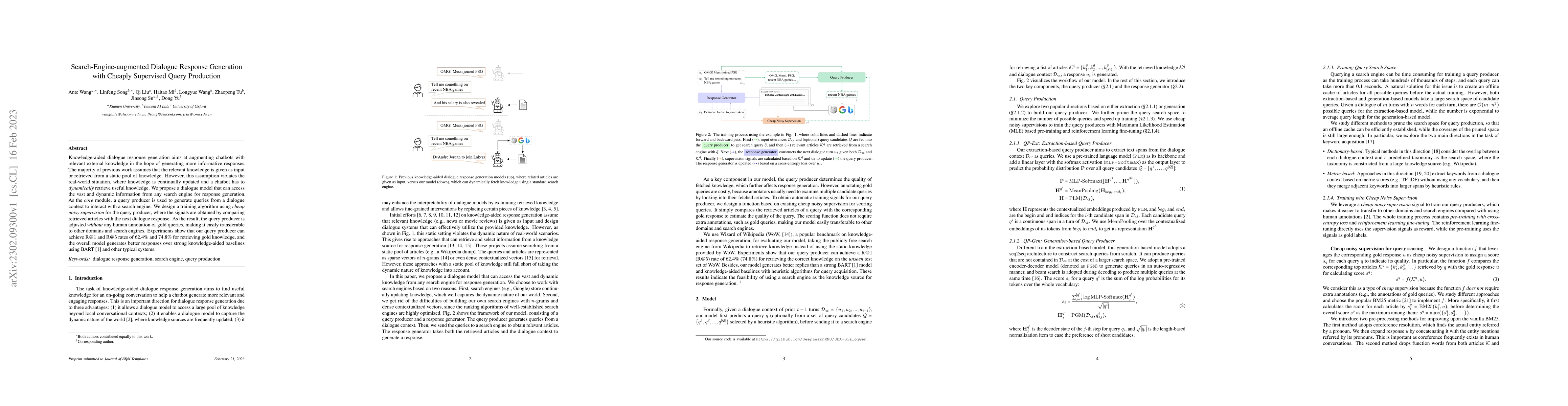 Thumbnail for Search-Engine-augmented Dialogue Response Generation with Cheaply
  Supervised Query Production
