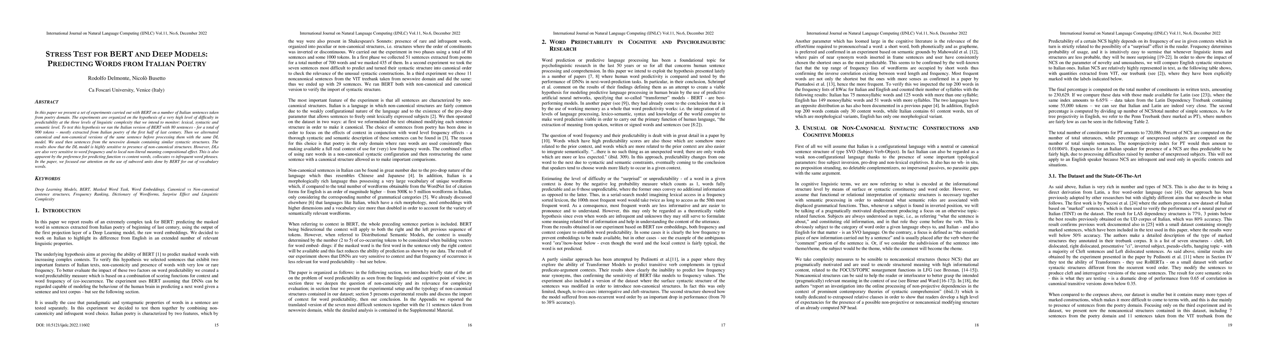 Thumbnail for Stress Test for BERT and Deep Models: Predicting Words from Italian
  Poetry