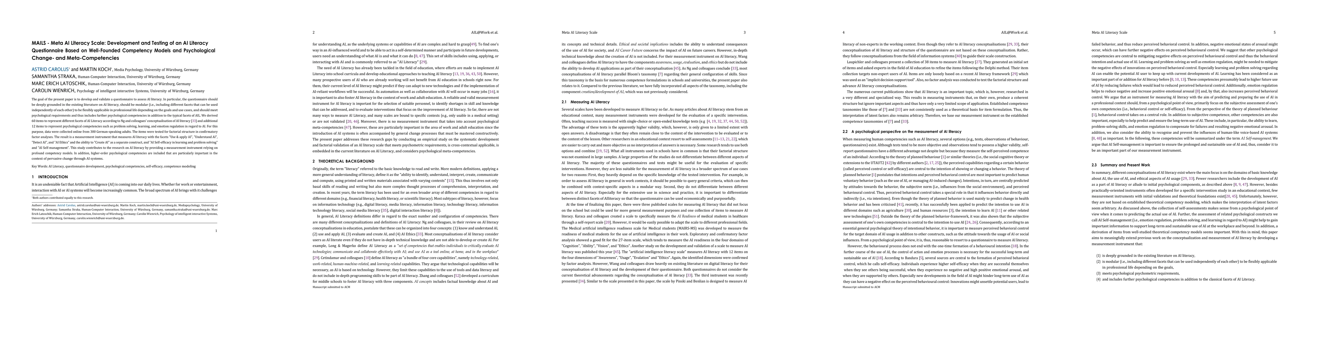 Thumbnail for MAILS -- Meta AI Literacy Scale: Development and Testing of an AI
  Literacy Questionnaire Based on Well-Founded Competency Models and
  Psychological Change- and Meta-Competencies