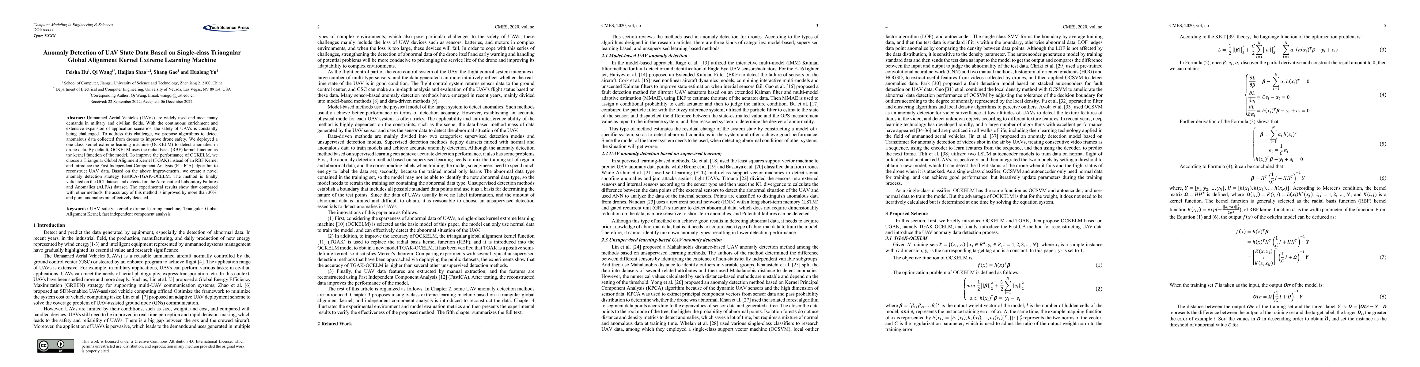 Thumbnail for Anomaly Detection of UAV State Data Based on Single-class Triangular
  Global Alignment Kernel Extreme Learning Machine