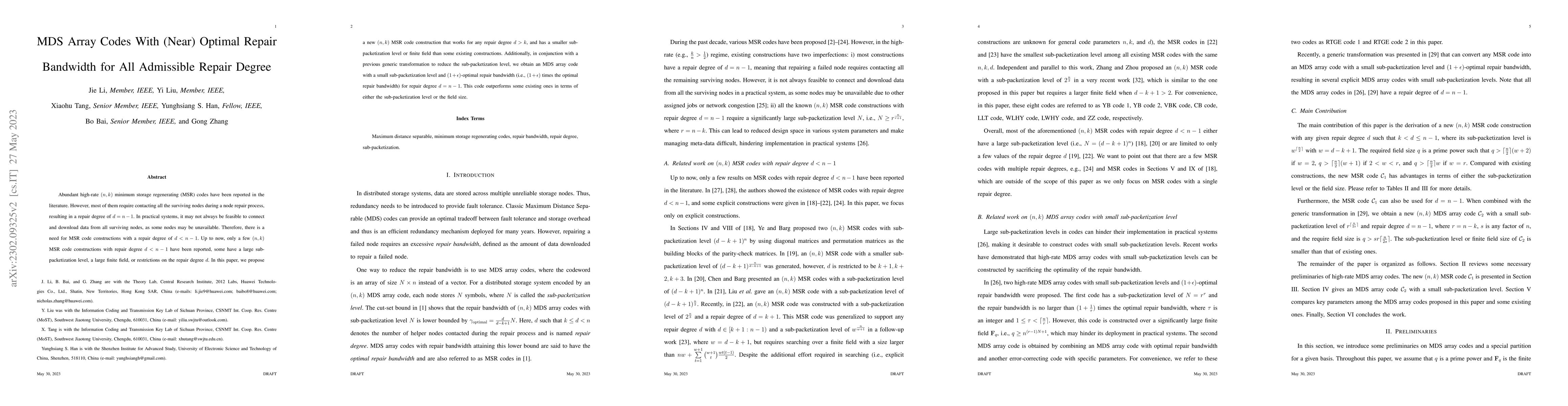 Thumbnail for MDS Array Codes With (Near) Optimal Repair Bandwidth for All Admissible
  Repair Degrees