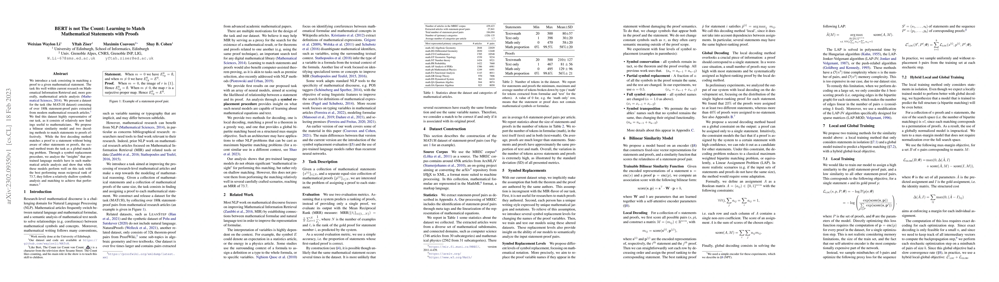 Thumbnail for BERT is not The Count: Learning to Match Mathematical Statements with
  Proofs