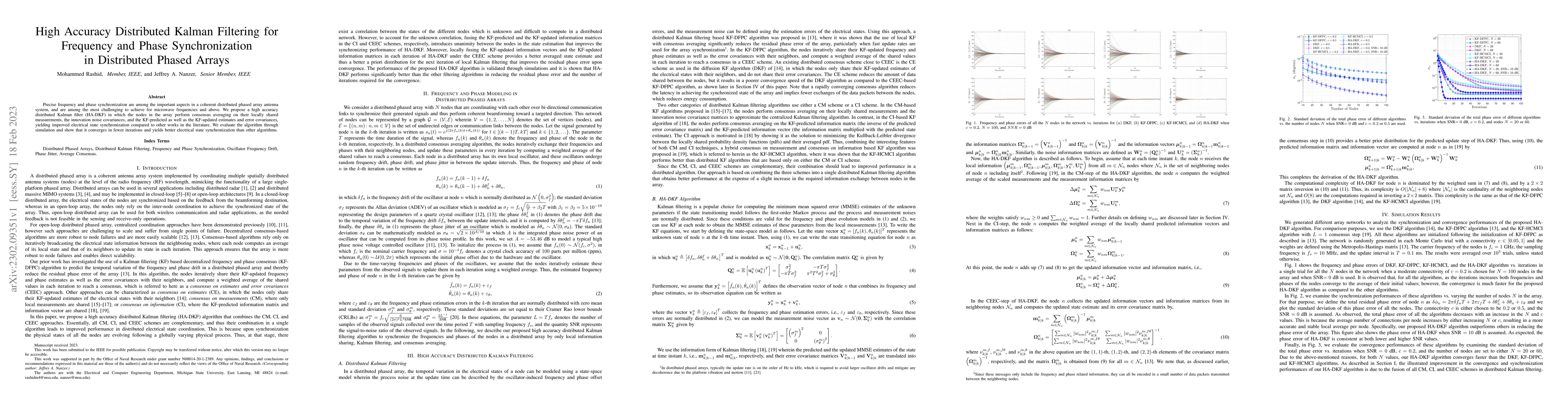 Thumbnail for High Accuracy Distributed Kalman Filtering for Frequency and Phase
  Synchronization in Distributed Phased Arrays