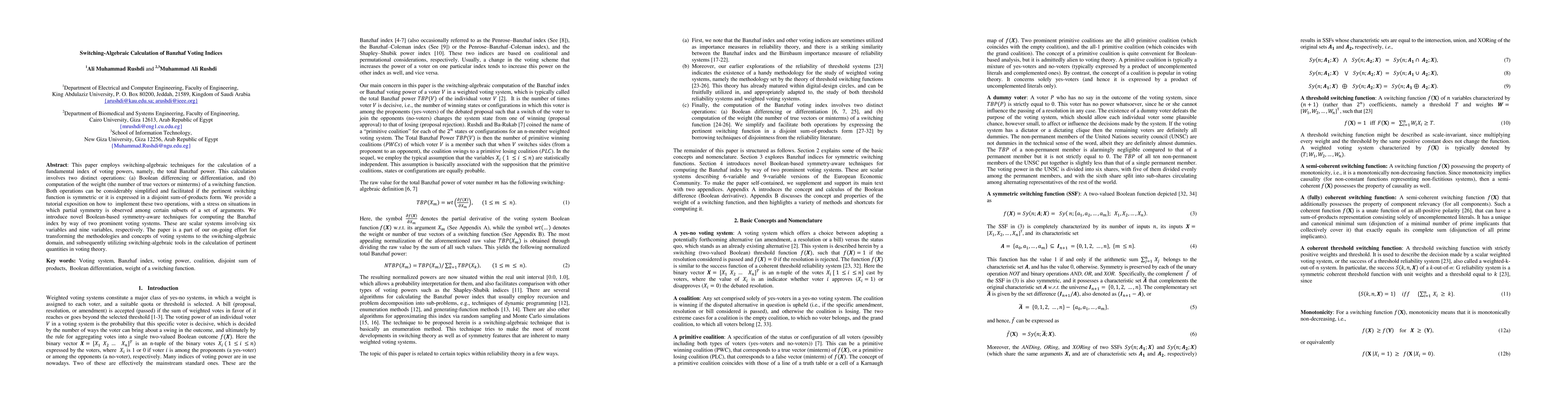 Thumbnail for Switching-Algebraic Calculation of Banzhaf Voting Indices