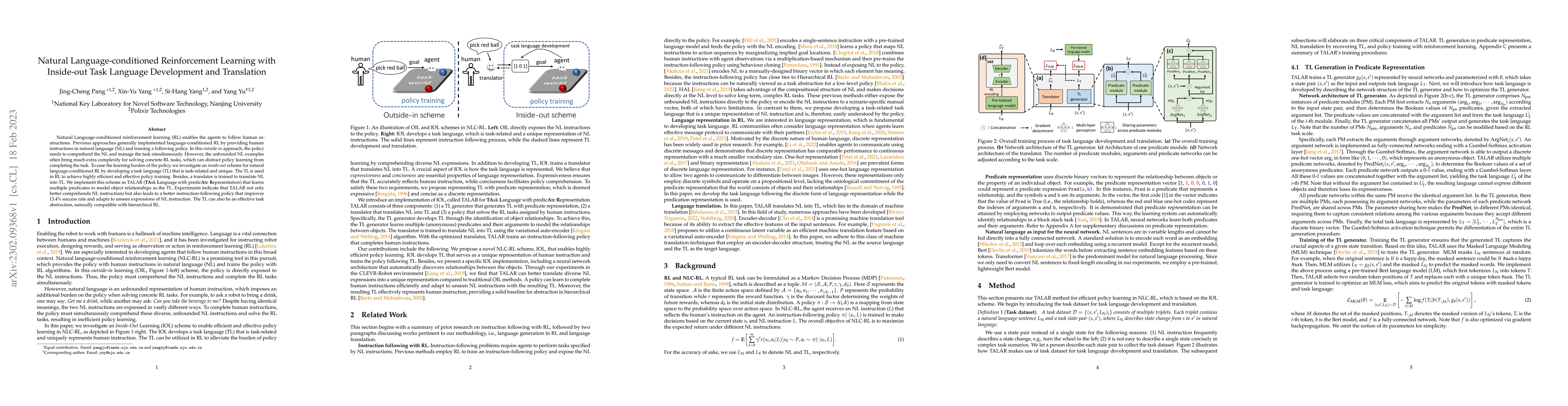Thumbnail for Natural Language-conditioned Reinforcement Learning with Inside-out Task
  Language Development and Translation