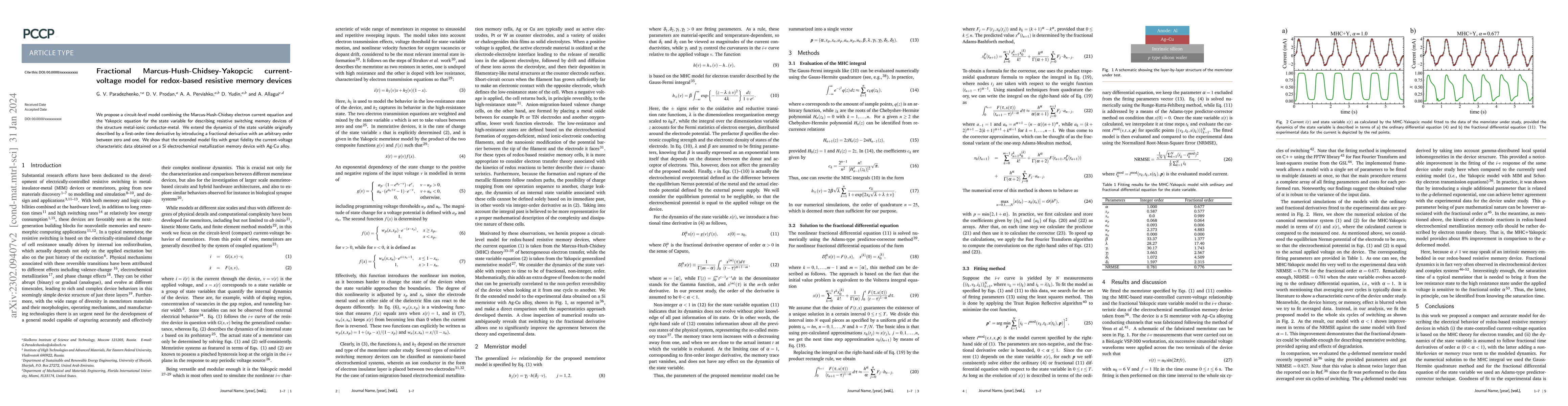 Thumbnail for Fractional Marcus-Hush-Chidsey-Yakopcic current-voltage model for
  redox-based resistive memory devices