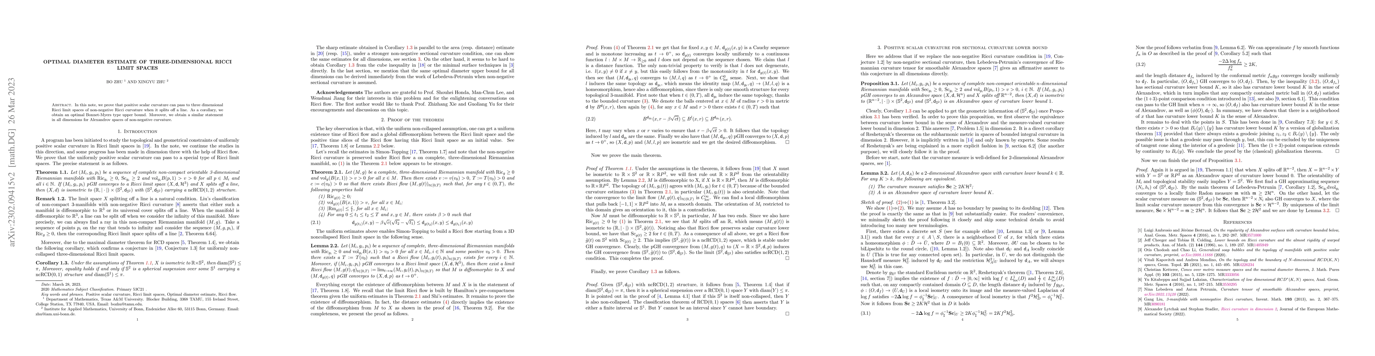 Thumbnail for Optimal diameter estimates of three-dimensional Ricci limit spaces