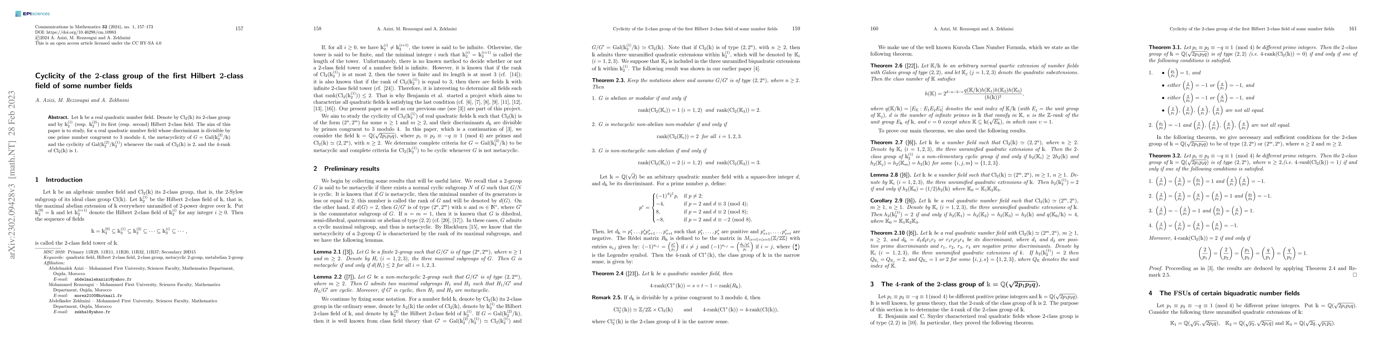 Thumbnail for Cyclicity of the 2-class group of the first Hilbert 2-class field of
  some number fields