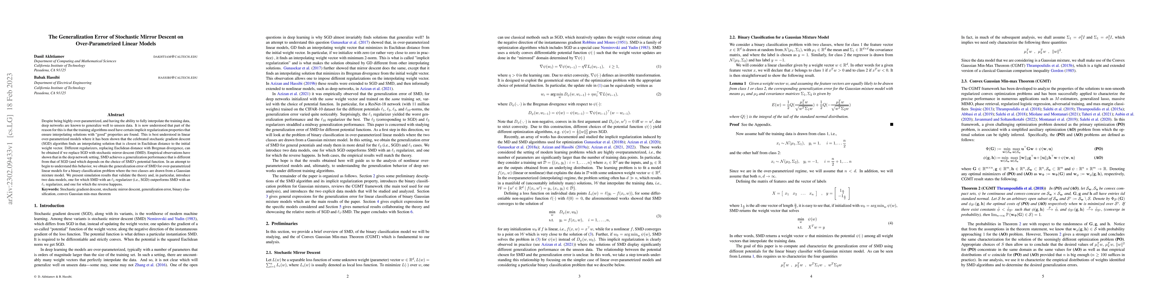 Thumbnail for The Generalization Error of Stochastic Mirror Descent on
  Over-Parametrized Linear Models