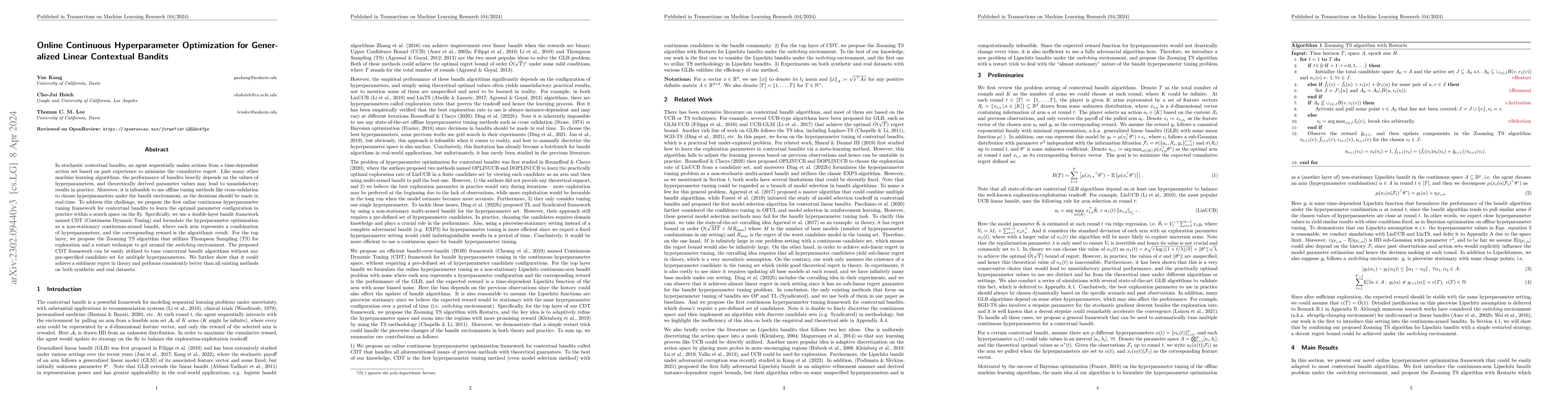 Thumbnail for Online Continuous Hyperparameter Optimization for Generalized Linear
  Contextual Bandits