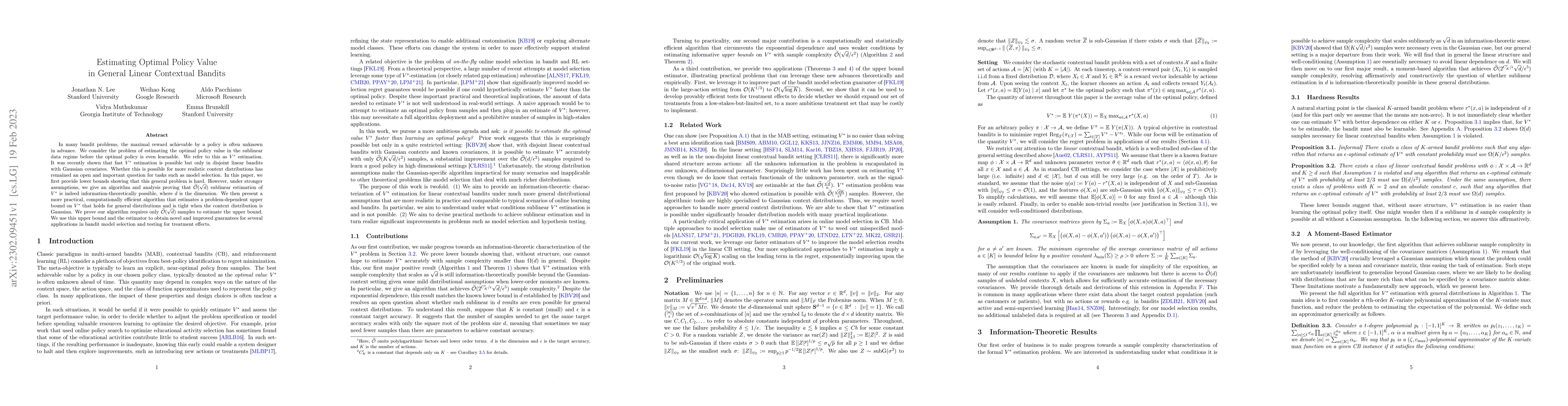 Thumbnail for Estimating Optimal Policy Value in General Linear Contextual Bandits