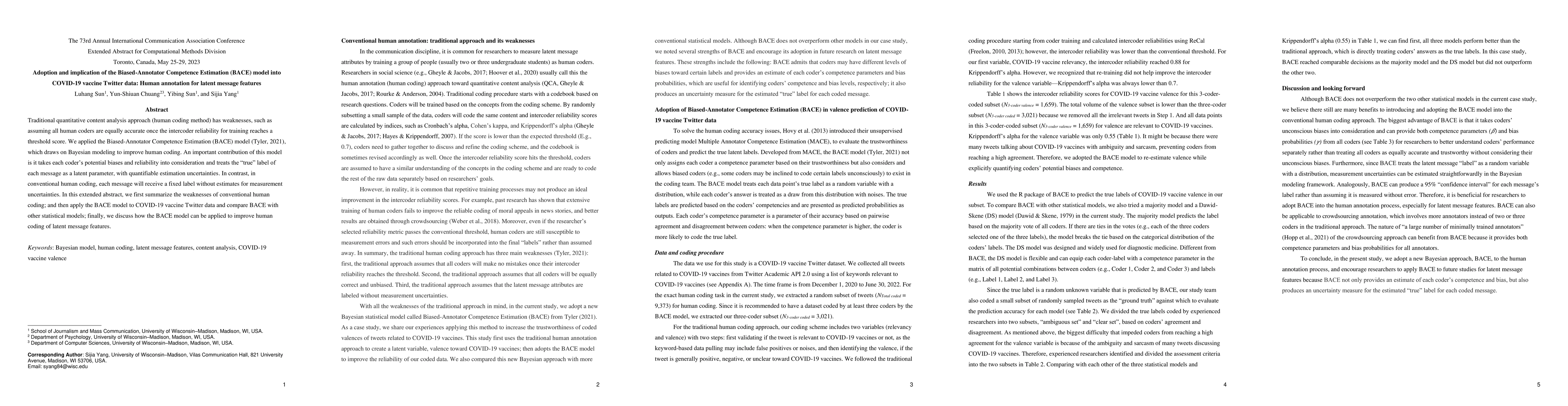 Thumbnail for Adoption and implication of the Biased-Annotator Competence Estimation
  (BACE) model into COVID-19 vaccine Twitter data: Human annotation for latent
  message features
