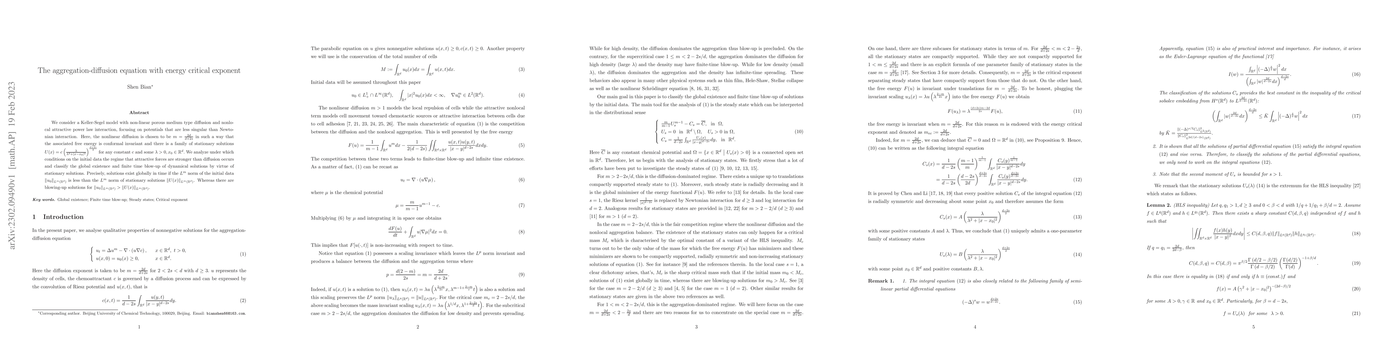Thumbnail for The aggregation-diffusion equation with energy critical exponent