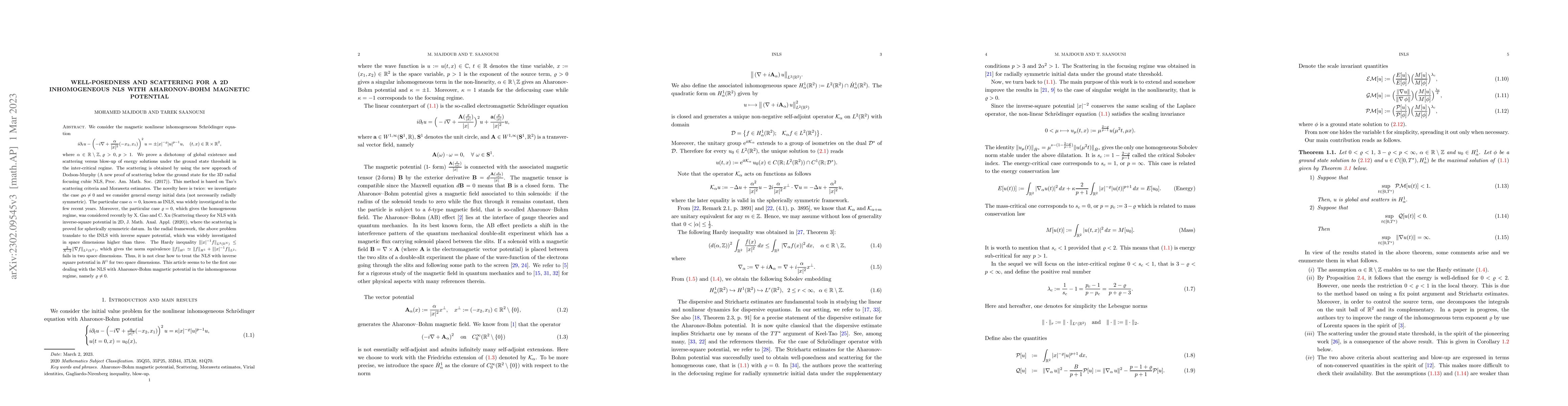Thumbnail for Well-posedness and scattering for a 2D inhomogeneous NLS with
  Aharonov-Bohm magnetic potential