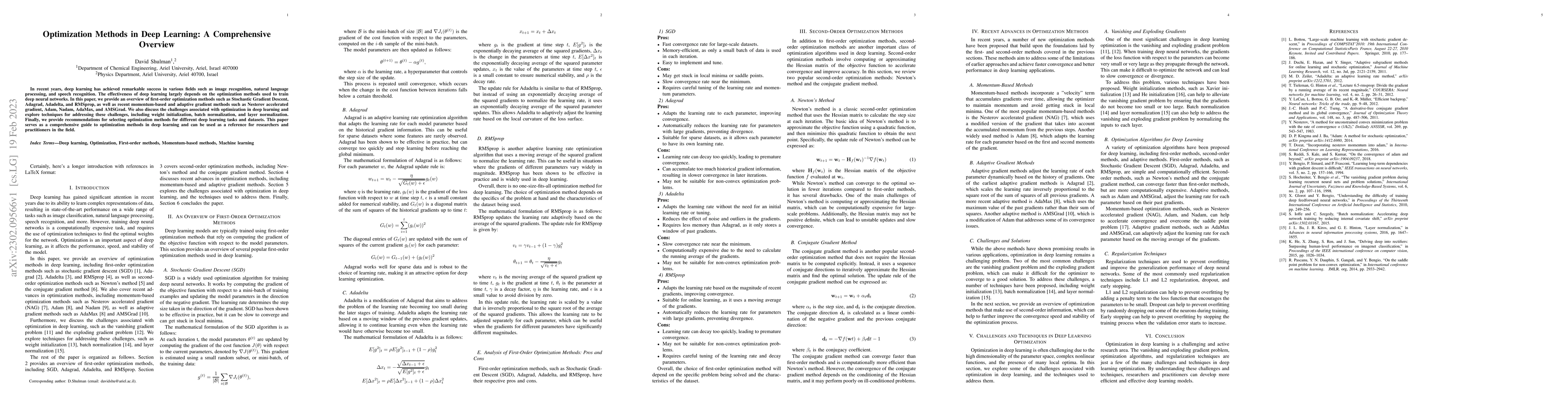 Thumbnail for Optimization Methods in Deep Learning: A Comprehensive Overview