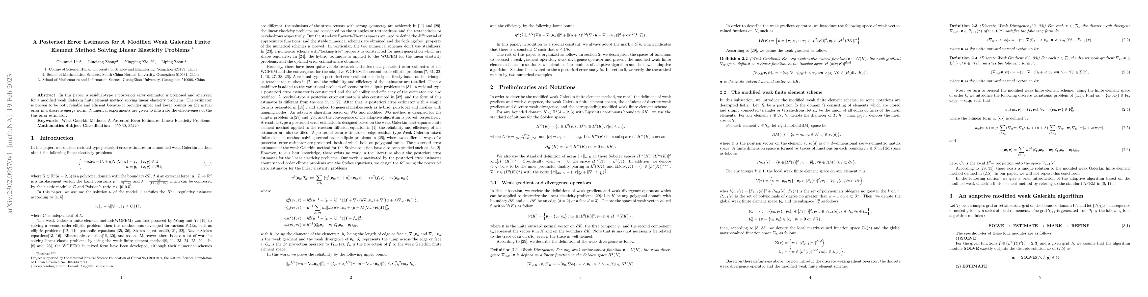 Thumbnail for A Posteriori Error Estimates for A Modified Weak Galerkin Finite Element
  Method Solving Linear Elasticity Problems