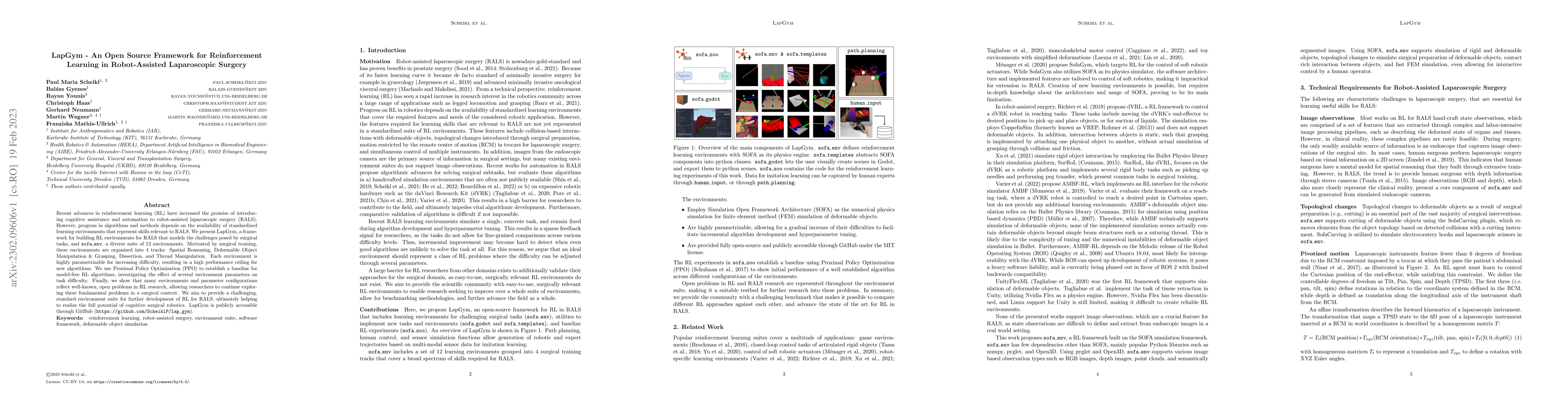 Thumbnail for LapGym -- An Open Source Framework for Reinforcement Learning in
  Robot-Assisted Laparoscopic Surgery