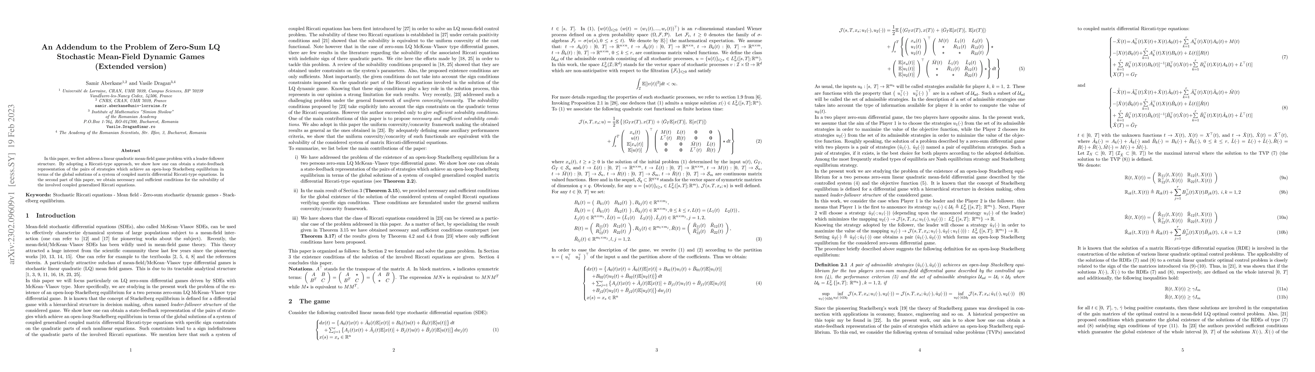 Thumbnail for An Addendum to the Problem of Zero-Sum LQ Stochastic Mean-Field Dynamic
  Games\\ (Extended version)