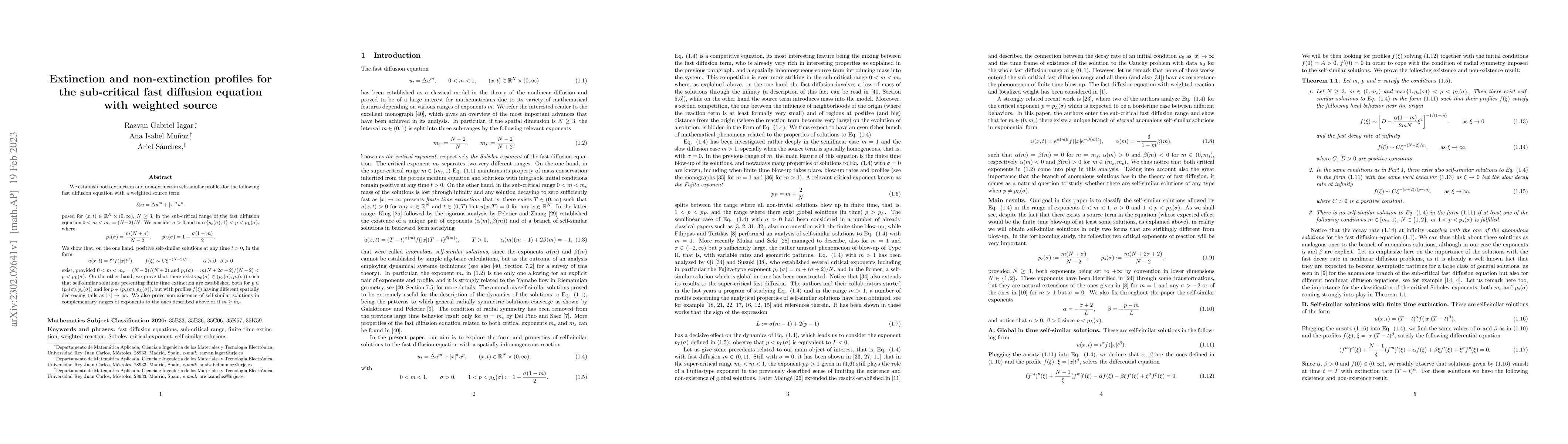 Thumbnail for Extinction and non-extinction profiles for the sub-critical fast
  diffusion equation with weighted source