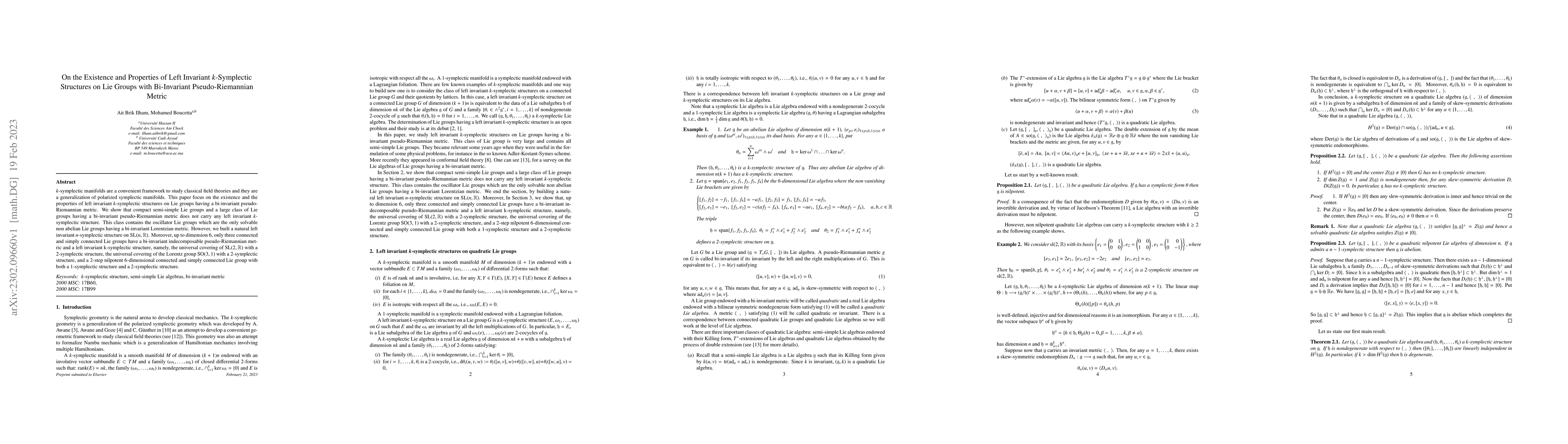 Thumbnail for On the Existence and Properties of Left Invariant $k$-Symplectic
  Structures on Lie Groups with Bi-Invariant Pseudo-Riemannian Metric