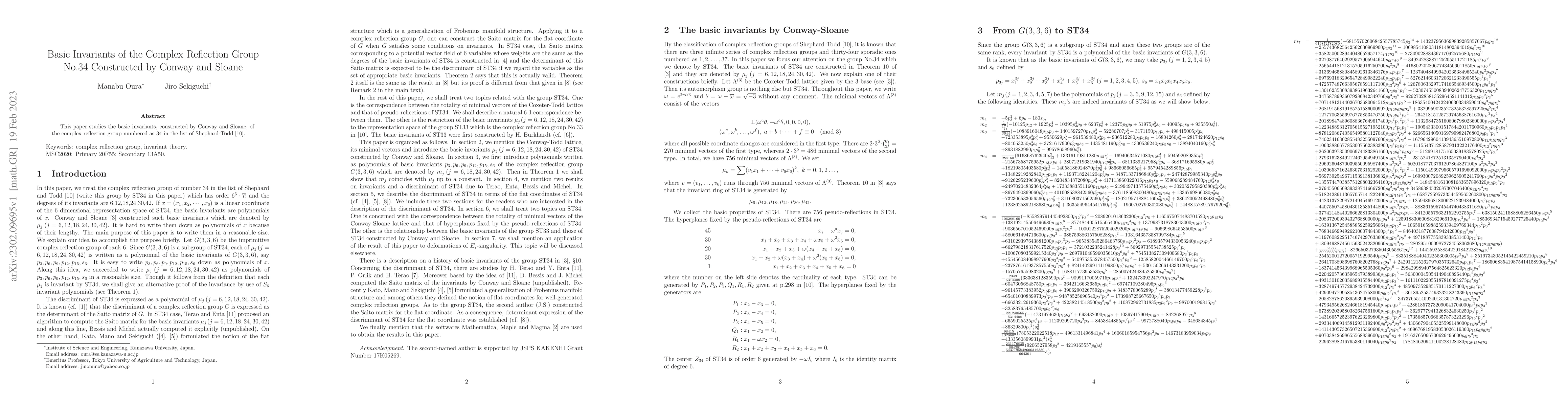 Thumbnail for Basic Invariants of the Complex Reflection Group No.34 Constructed by
  Conway and Sloane
