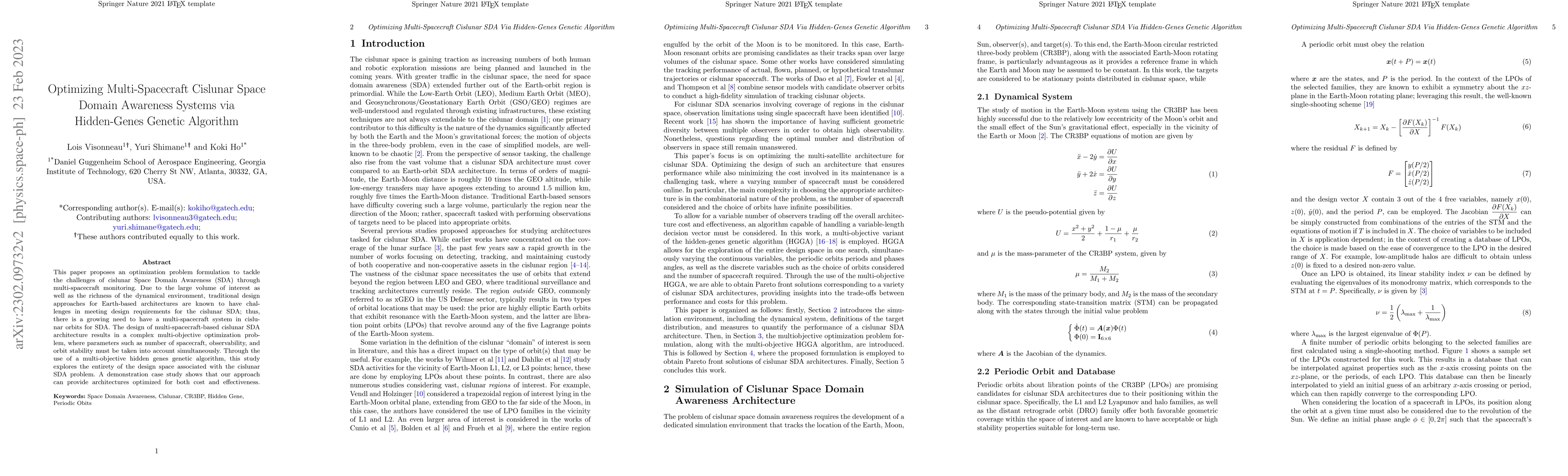 Thumbnail for Optimizing Multi-Spacecraft Cislunar Space Domain Awareness Systems via
  Hidden-Genes Genetic Algorithm