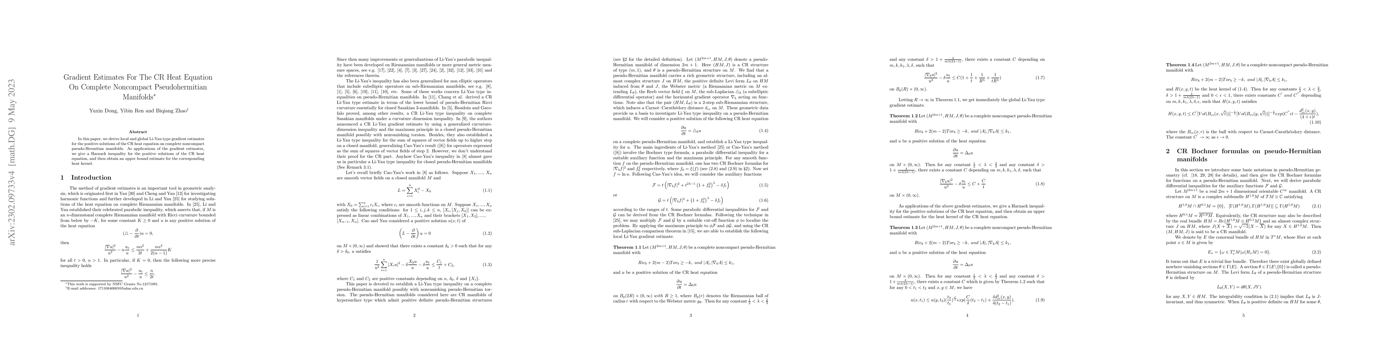 Thumbnail for Gradient Estimates For The CR Heat Equation On Complete noncompact
  Pseudo-Hermitian Manifolds