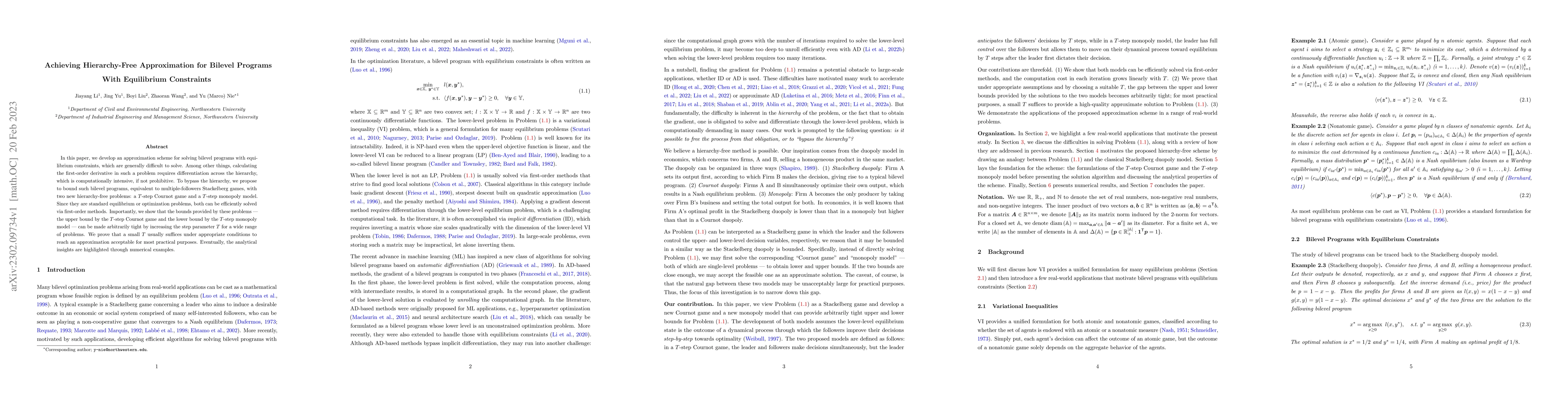 Thumbnail for Achieving Hierarchy-Free Approximation for Bilevel Programs With
  Equilibrium Constraints
