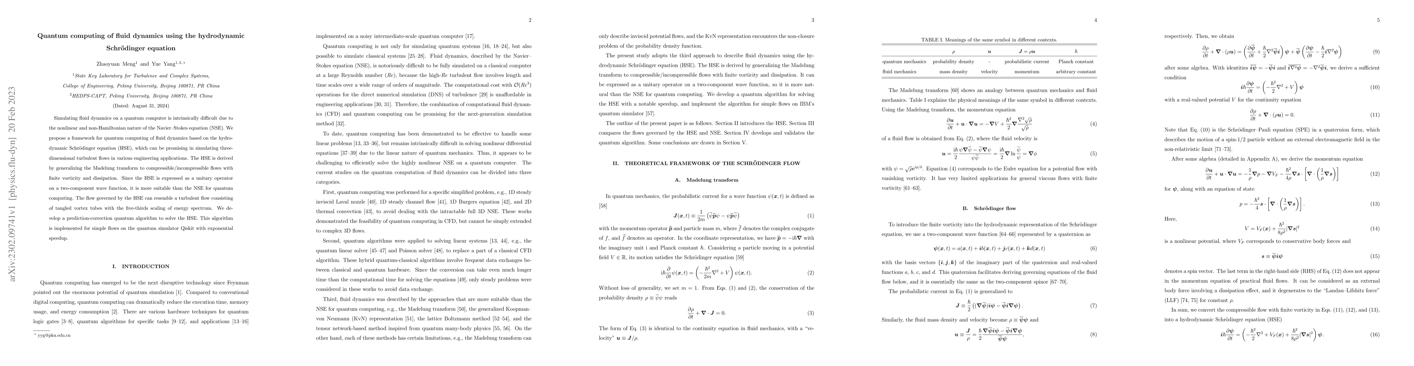 Thumbnail for Quantum computing of fluid dynamics using the hydrodynamic Schr\"odinger
  equation