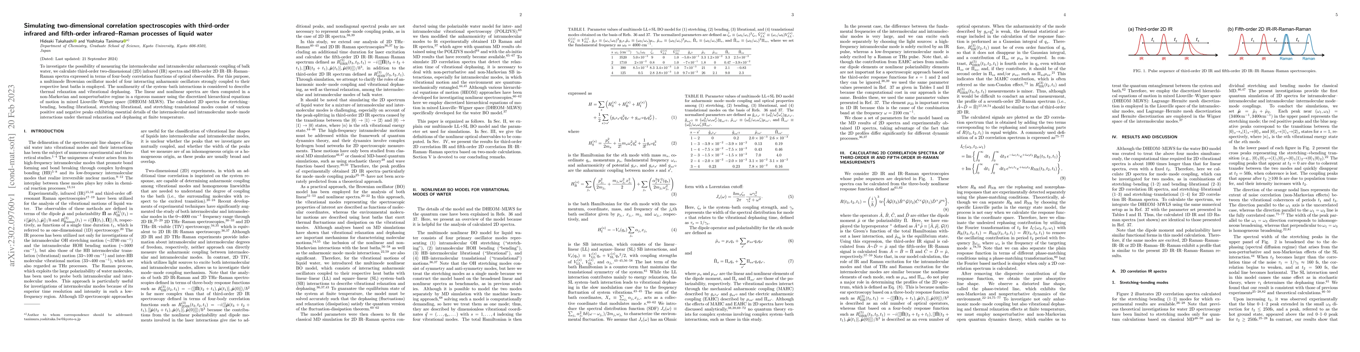 Thumbnail for Simulating two-dimensional correlation spectroscopies with third-order
  infrared and fifth-order infrared--Raman processes of liquid water