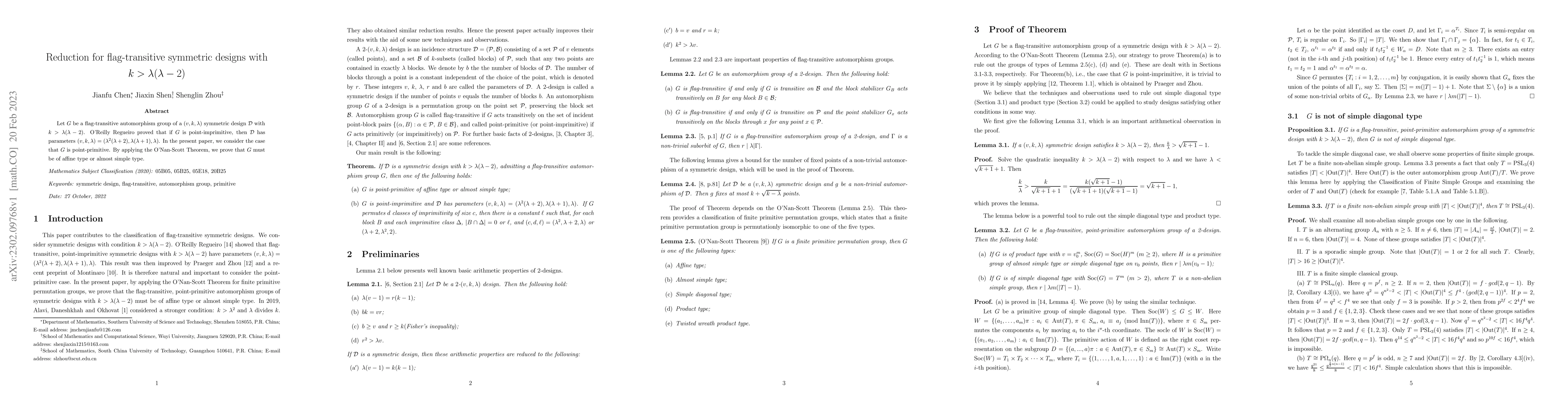 Thumbnail for Reduction for flag-transitive symmetric designs with
  $k>\lambda(\lambda-2)$