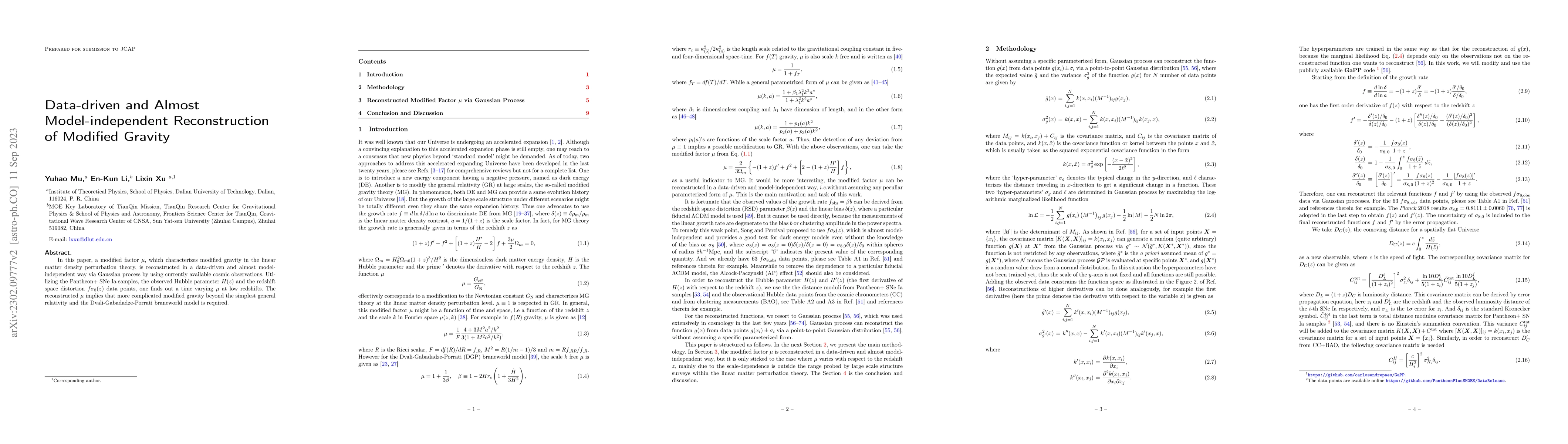 Thumbnail for Data-driven and Almost Model-independent Reconstruction of Modified
  Gravity