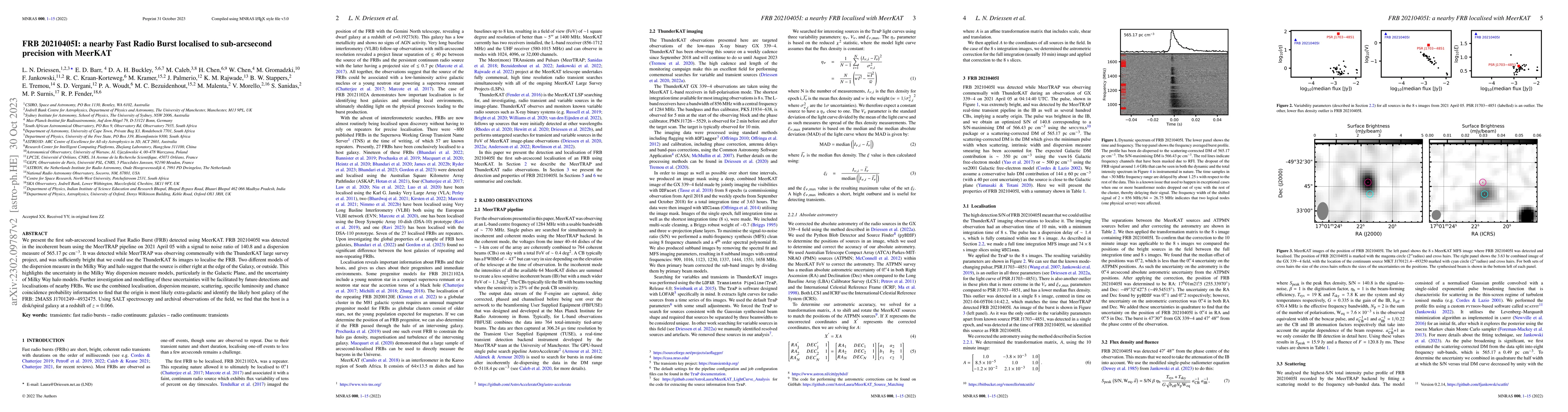 Thumbnail for FRB 20210405I: a nearby Fast Radio Burst localised to sub-arcsecond
  precision with MeerKAT