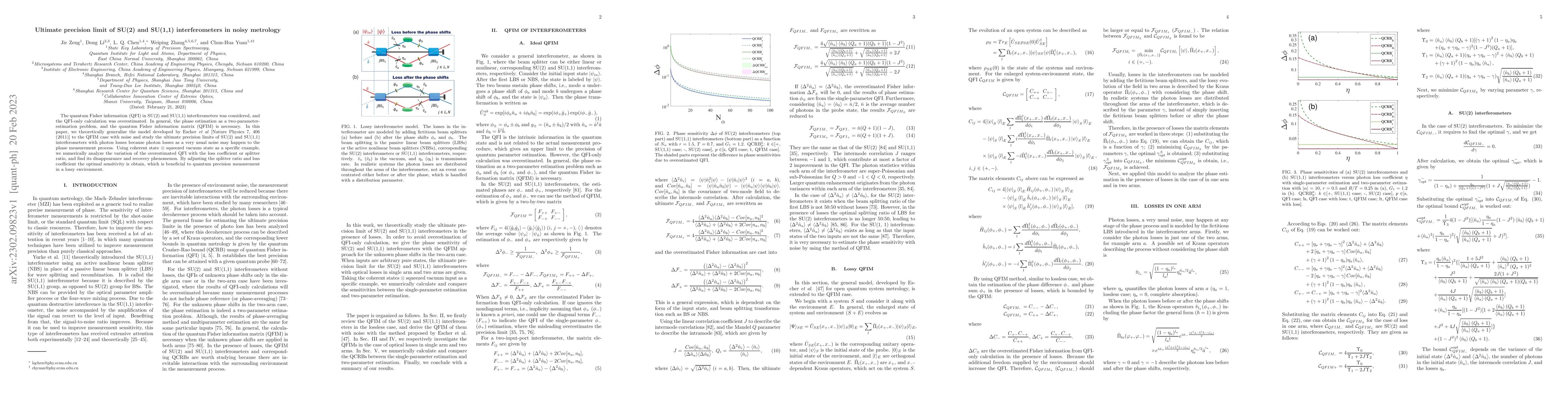 Thumbnail for Ultimate precision limit of SU(2) and SU(1,1) interferometers in noisy
  metrology