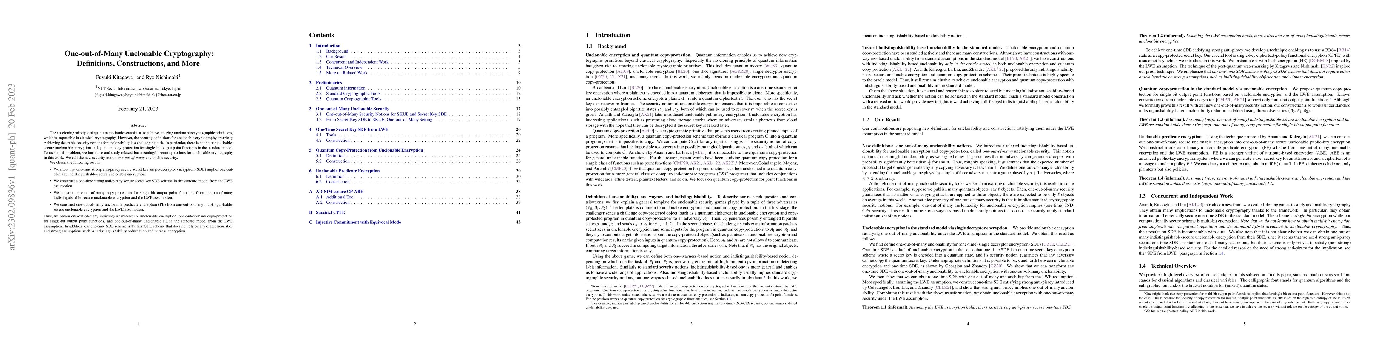 Thumbnail for One-out-of-Many Unclonable Cryptography: Definitions, Constructions, and
  More