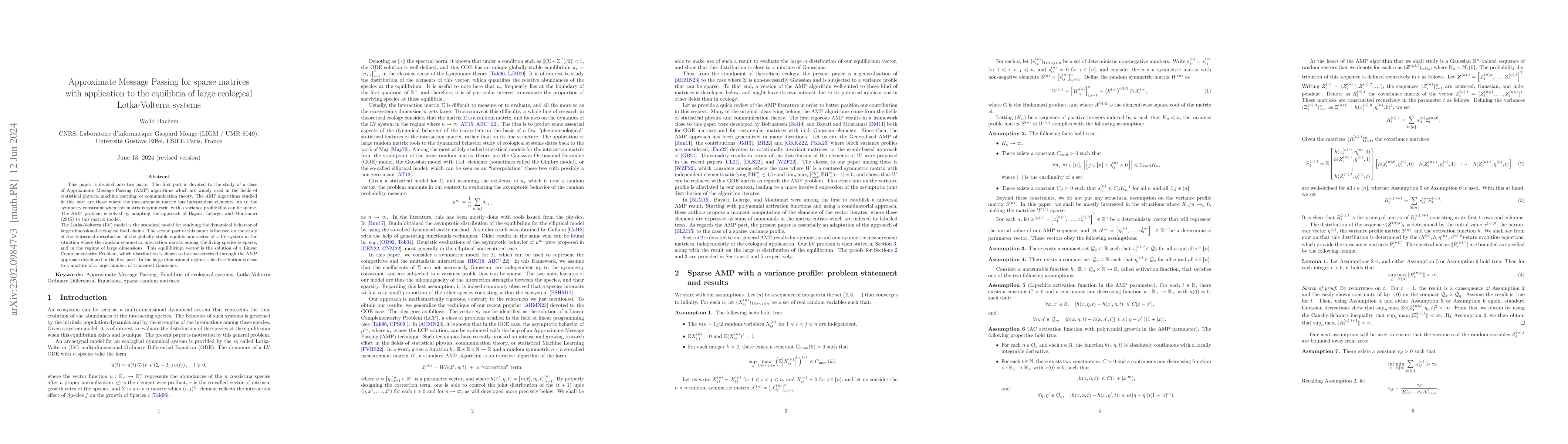 Thumbnail for Approximate Message Passing for sparse matrices with application to the
  equilibria of large ecological Lotka-Volterra systems